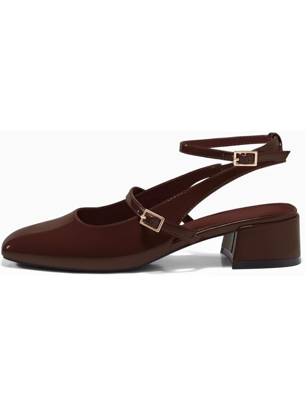 Women's Coffee Mary Jane Chunky Low Heel Closed Square Toe Ankle Strap Pump Shoe - Picture 3 of 5